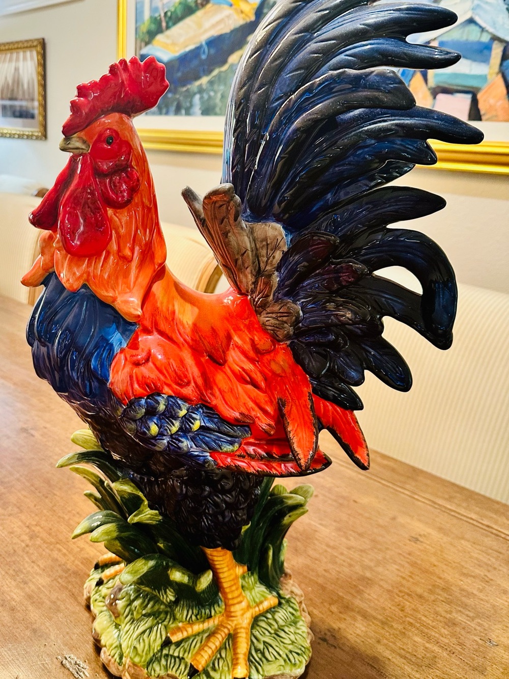 INTRADA Decorative Rooster Statue - Vibrant Red Blue and Green Ceramic Home Art